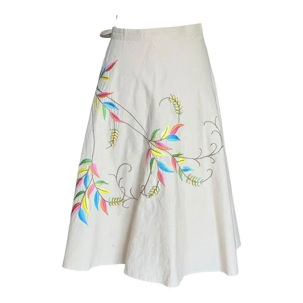 BCBGMAXAZRIA Floral Embroidered Flared A-Line Skirt Tan Neutral 100% Cotton L
